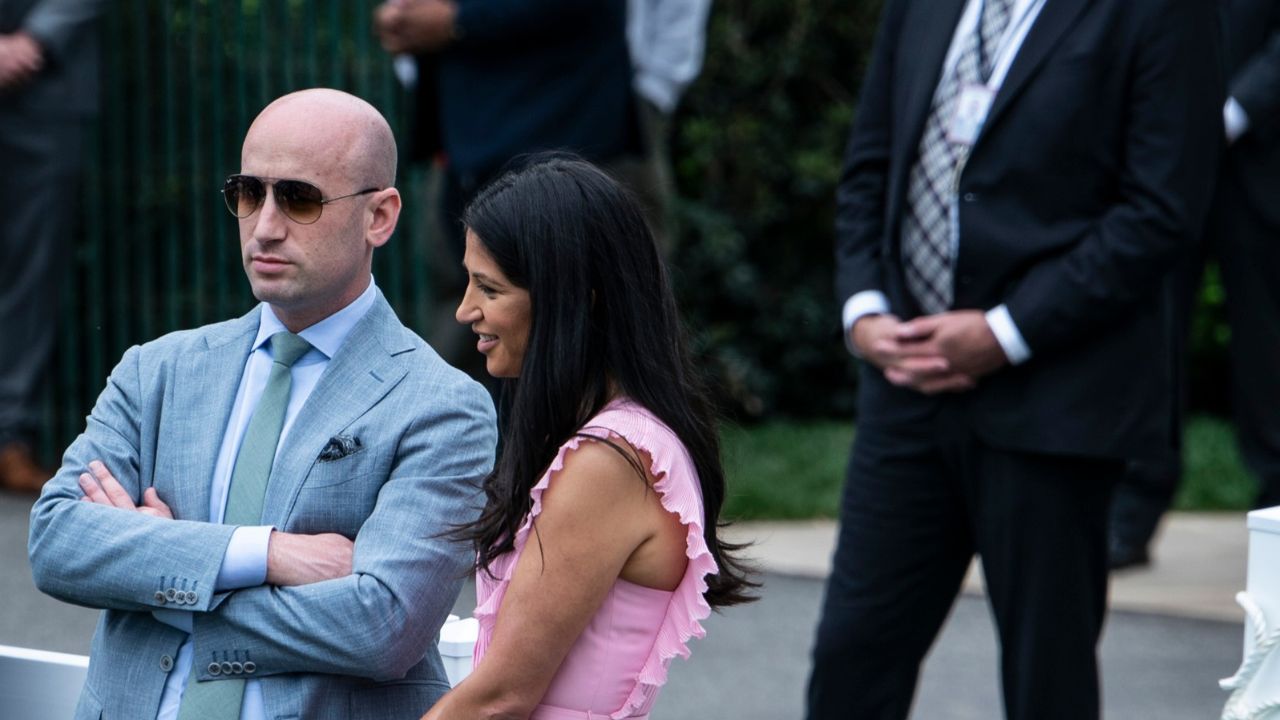 Stephen Miller, the White House deputy chief of staff, with his wife, Katie Miller, during an Easter Egg Roll at the White House in Washington, April 21, 2025. A Massachusetts man was indicted on Thursday, Oct. 1, 2026, on charges of cyberstalking after sending dozens of threatening phone and text messages to Katie Miller, the wife of Stephen Miller, one of President Trump’s most senior White House aides. (Haiyun Jiang/The New York Times)