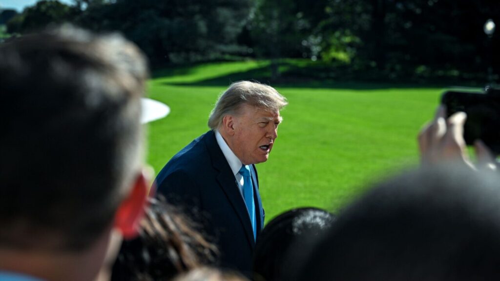 Image of President Trump in a dark suit facing right and speaking to reporters as he walks across a golf course after an election rally