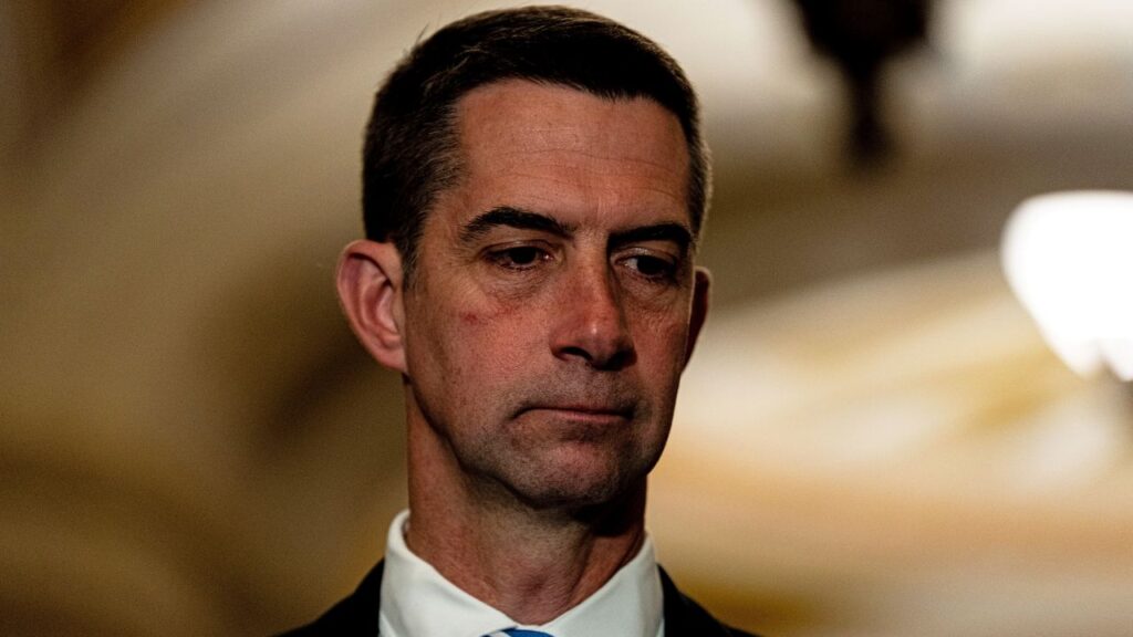Image of Sen. Tom Cotton with his eyes cast down