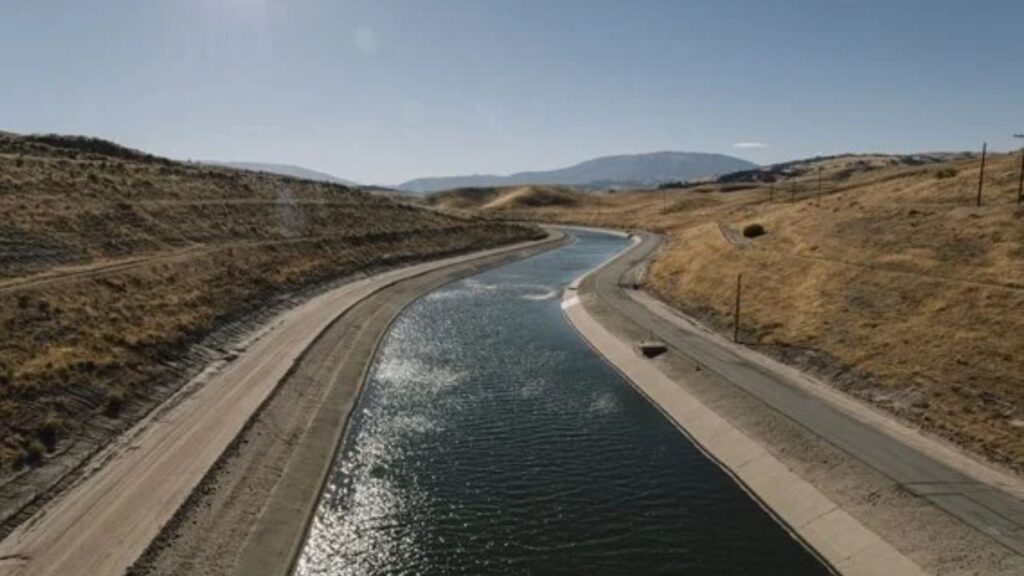 The California Aqueduct can be seen running through Tejon Ranch in Antelope Valley, Calif., Oct. 9 , 2026. Among the measures up for a vote in November is one that would amend the state’s landmark environmental law and make it easier to build large housing developments outside cities. (Mark Abramson/The New York Times)