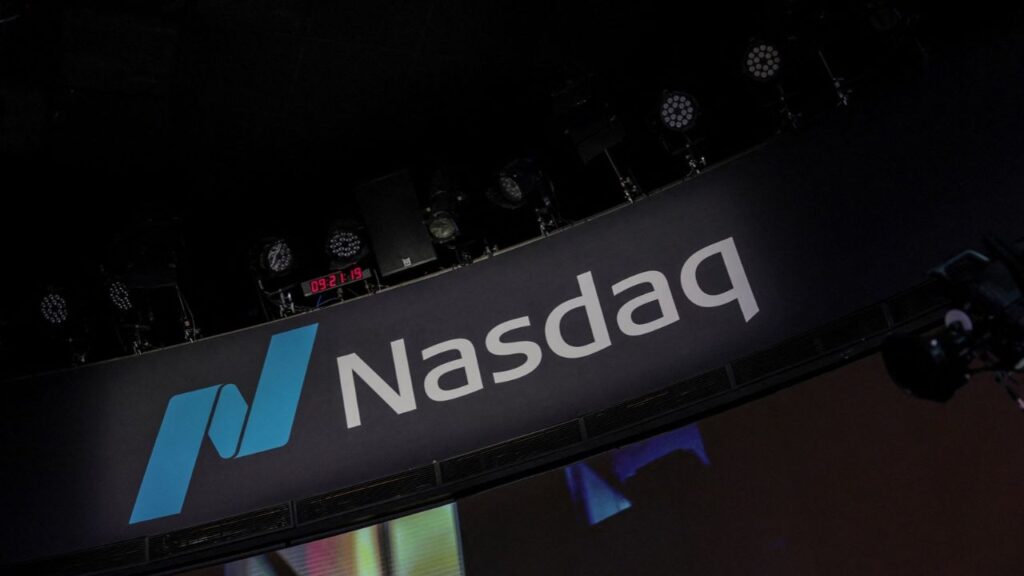 The Nasdaq logo is displayed at the Nasdaq Market, in New York City, New York, U.S., February 27, 2026. REUTERS/Jeenah Moon