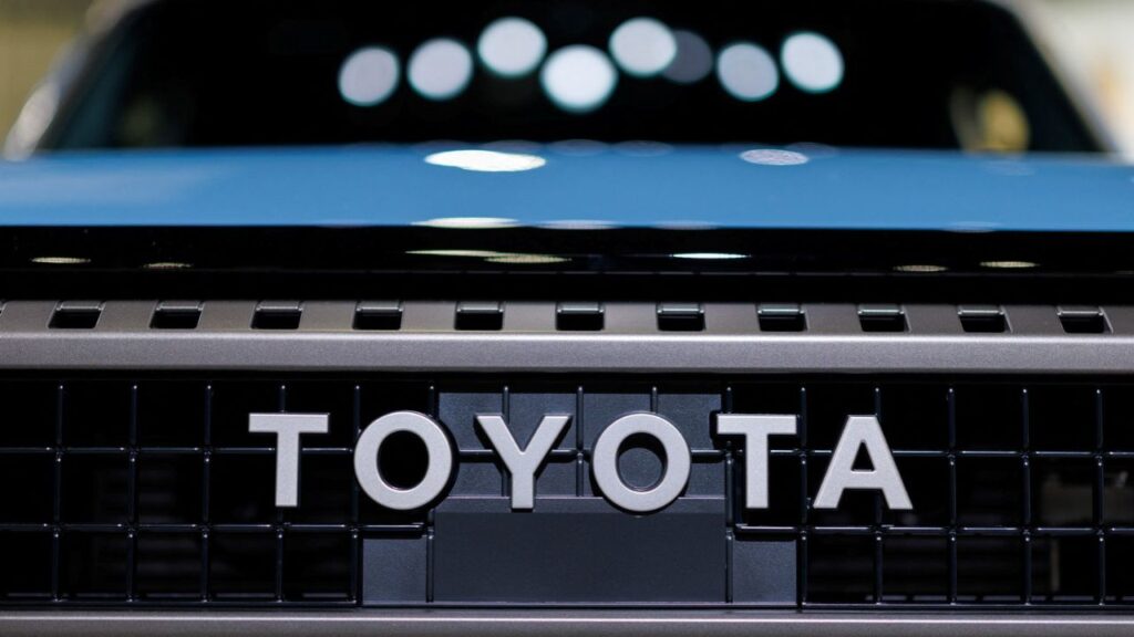 The Toyota logo is shown on a Land Cruiser vehicle at the LA Auto show "AutoMobility LA" in Los Angeles, California, U.S. November 20, 2025. REUTERS/Mike Blake