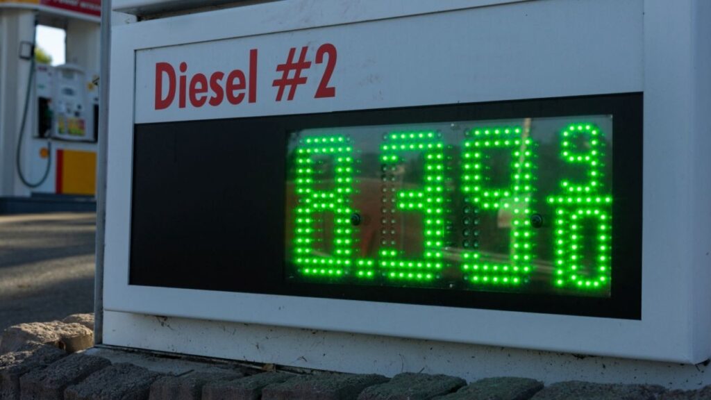 The current price of diesel fuel is displayed at a gas station in Encinitas, California, US, October 21, 2026. REUTERS/Mike Blake