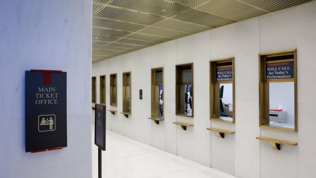 The main ticket office in the Kennedy Center, which the Trump administration argued in a court filing could eventually face demolition if major repairs are not undertaken, in Washington, D.C., U.S., August 26, 2026. REUTERS/Jonathan Ernst