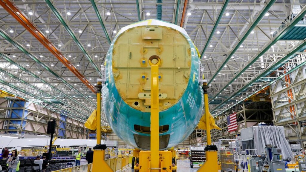 The second 737 MAX to be manufactured in Everett rests on its dolly before the start of the grand opening of the new North Line at the Boeing Everett Factory in Everett, Washington, U.S., July 10, 2026. (Reuters File)