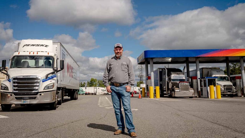 Lewie Pugh, executive vice president of the Owner-Operator Independent Drivers Association, at a service plaza on the New Jersey turnpike in Ridgewood on Sept. 29, 2026. Independent truckers are doing all they can to stay afloat as diesel prices skyrocket; some have turned to crowdfunding, others have simply parked their rigs as they hope for a reprieve. “This is crushing to our industry,” Pugh said. (Hilary Swift/The New York Times)