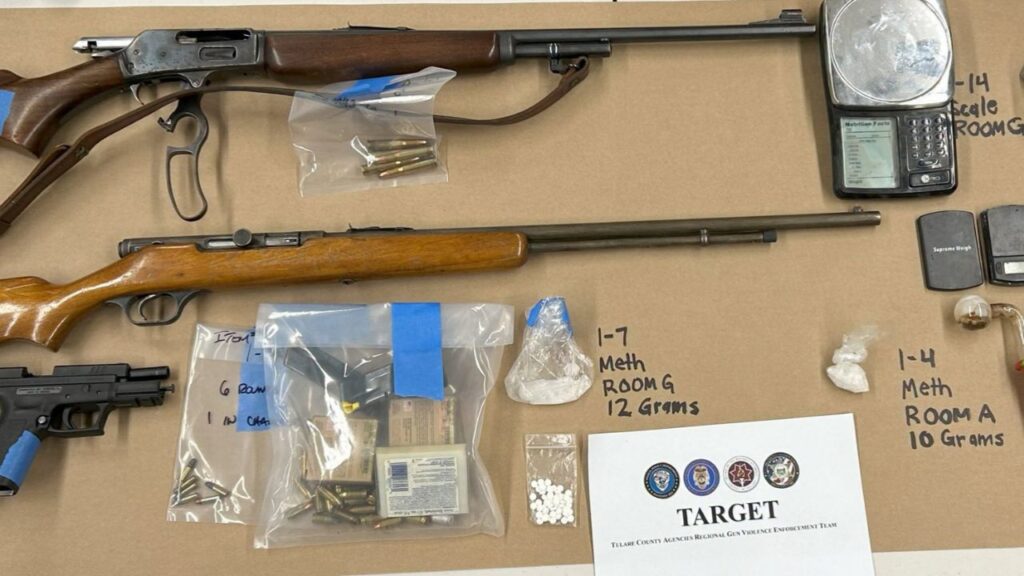 Two Tulare men were arrested after authorities seized six firearms, ammunition, and methamphetamine during a search of a home, police said. (Visalia PD)