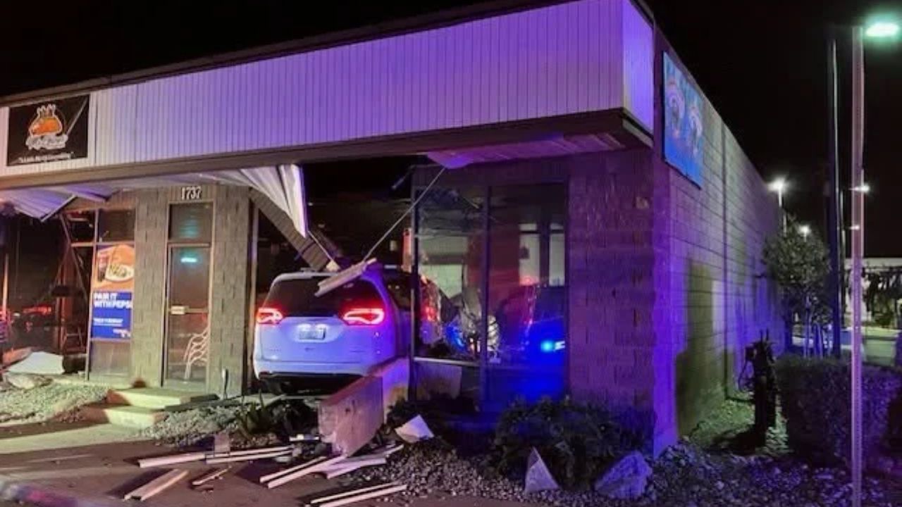 Two vehicles crashed into a closed Visalia business following a three-vehicle collision near Caldwell Avenue and Fairway Street, but no injuries were reported. (Visalia PD)