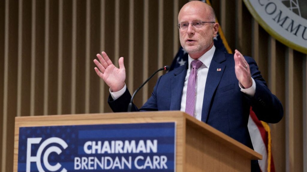 U.S. Federal Communications Commission (FCC) Chairman Brendan Carr speaks during a press conference, following an open meeting of the FCC, in Washington, D.C., U.S., July 22, 2026. (Reuters File)