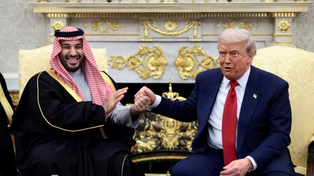 U.S. President Donald Trump and Saudi Crown Prince and Prime Minister Mohammed bin Salman hold hands during a meeting in the Oval Office at the White House in Washington, D.C., U.S., November 18, 2025. (Reuters File)