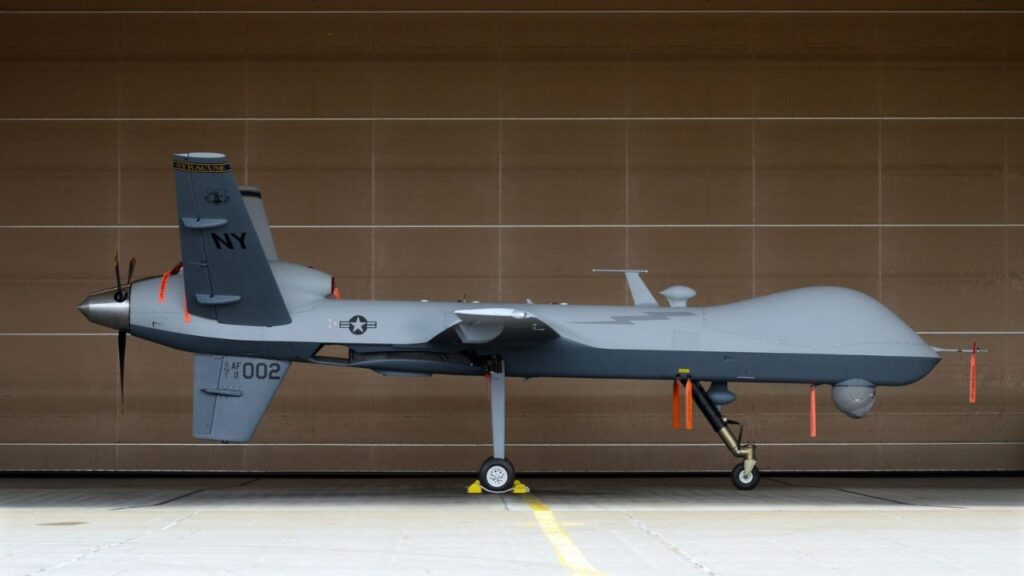 An MQ9 remotely piloted aircraft at the 174th Fighter Wing at Hancock Field Air National Guard base in Syracuse, N.Y., July 19, 2012. In a sign of the Trump administration’s new focus on combating Latin American cartels, the U.S. military has moved a number of MQ-9 Reaper drones from Africa to Colombia and Ecuador, U.S. officials said. (Heather Ainsworth/The New York Times)