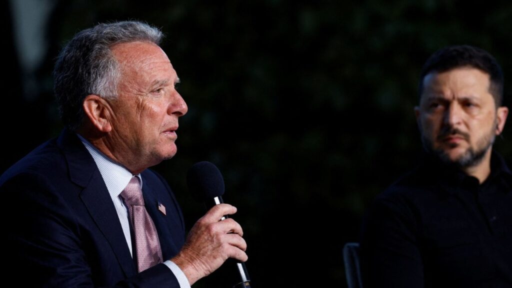 U.S. Special Envoy Steve Witkoff speaks while Ukraine's President Volodymyr Zelenskiy listen during a joint news conference with Jared Kushner, U.S. President Donald Trump's son-in-law (not pictured), amid Russia's attack on Ukraine, in Kyiv, Ukraine September 6, 2026. REUTERS/Valentyn Ogirenko
