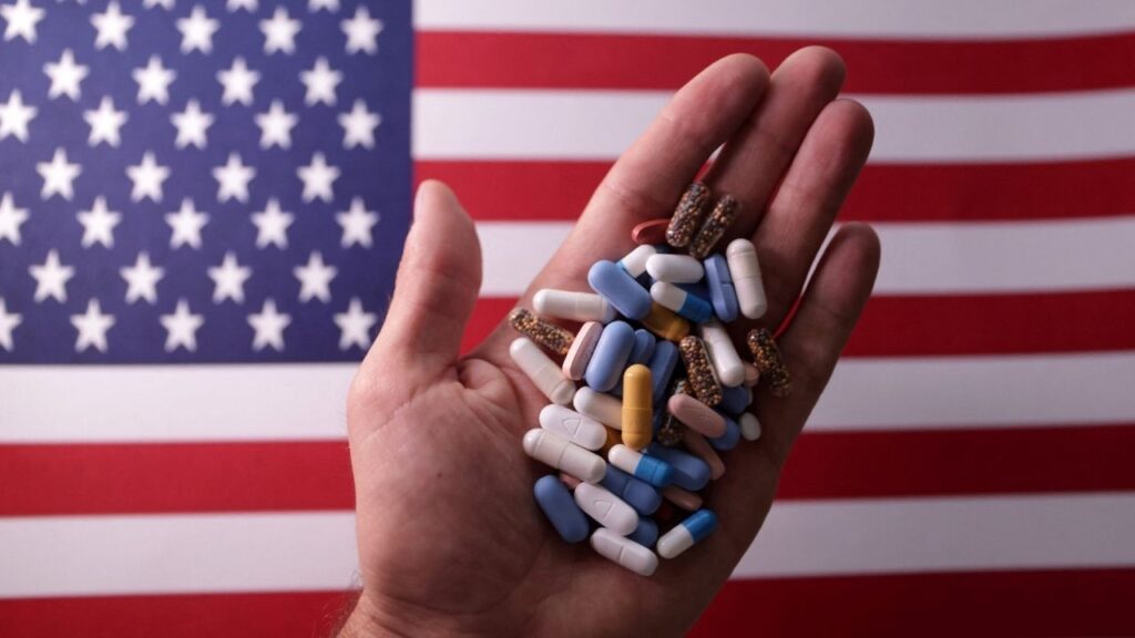 U.S. flag and medicines are seen in this illustration taken, June 27, 2024. REUTERS/Dado Ruvic/Illustration