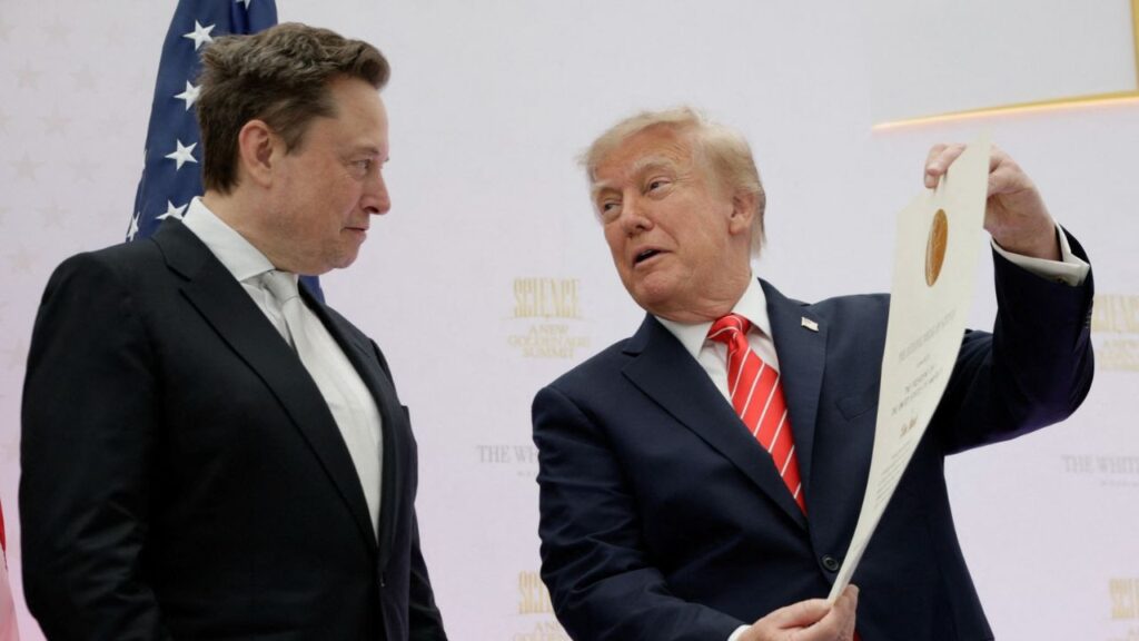 US President Donald Trump presents the National Medal of Science to Tesla and SpaceX CEO Elon Musk during the "A New Golden Age" summit at the US Institute of Peace, renamed The Donald J. Trump Institute of Peace by the Trump administration, in Washington, DC, US, October 8, 2026. REUTERS/Evan Vucci