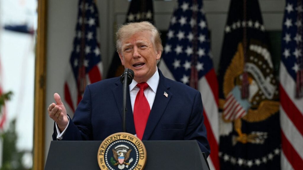 US President Donald Trump speaks as he hosts a Rose Garden lunch at the White House in Washington, DC, US, October 15, 2026. REUTERS/Annabelle Gordon