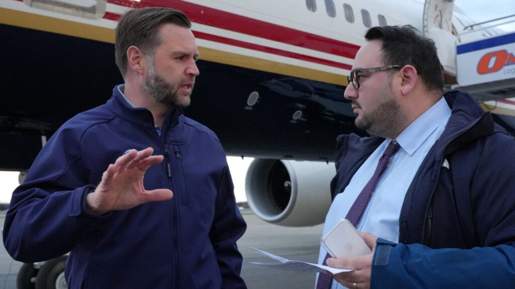 US Vice President JD Vance is interviewed by Reuters reporter Jacob Bogage before a campaign rally at Fairbanks International Airport in Fairbanks, Alaska, US, October 5, 2026. Jacquelyn Martin/Pool via REUTERS