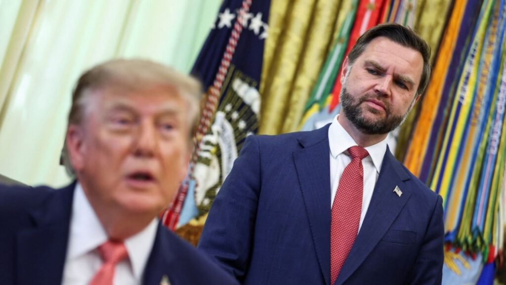 US Vice President JD Vance listens to President Donald Trump speak, as they make a joint appearance in the Oval Office to announce a whistleblower program to encourage the public to report alleged fraud, at the White House in Washington, DC, US, October 20, 2026. REUTERS/Kevin Lamarque