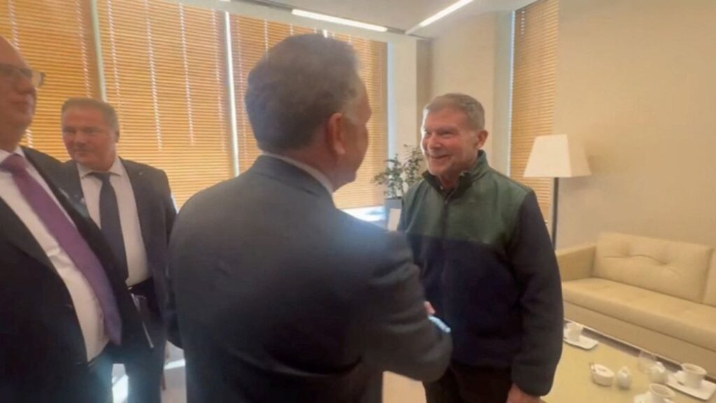 US special envoy Steve Witkoff and Russian presidential envoy Kirill Dmitriev attend a meeting with Stephen Hubbard, a 74-year-old retired U.S. schoolteacher who was recently freed after serving a prison sentence in Russia following his conviction on mercenary charges, in Saint Petersburg, Russia, October 21, 2026, in this still image taken from video. Obtained by Reuters/Handout via REUTERS