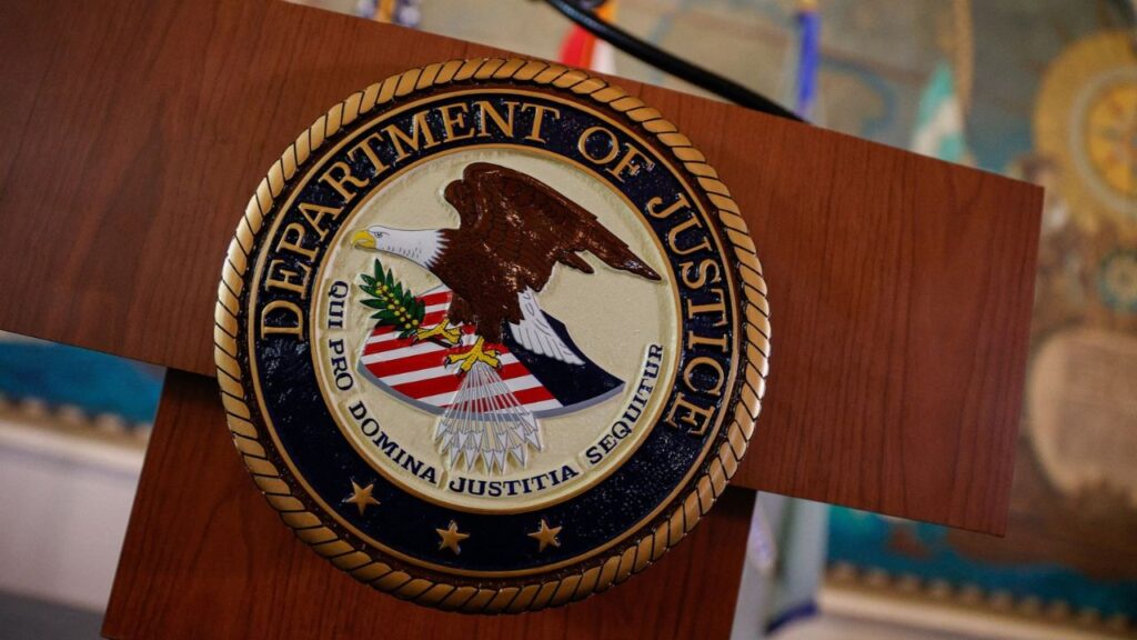 The seal of the U.S. Department of Justice at Freedom Tower in Miami, Florida, U.S., May 20, 2026. Reuters/Marco Bello/File Photo