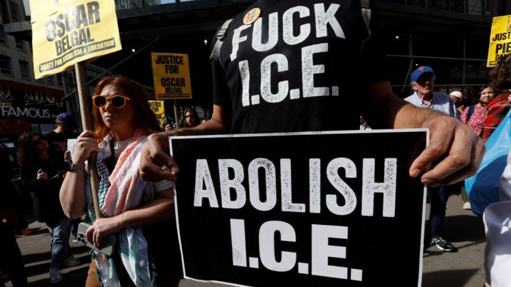 Demonstrators take part in a protest in Midtown Manhattan in response to a recent Immigration and Customs Enforcement (ICE) shooting in the Bronx, in New York City, US, October 10, 2026. Reuters/Eduardo Munoz