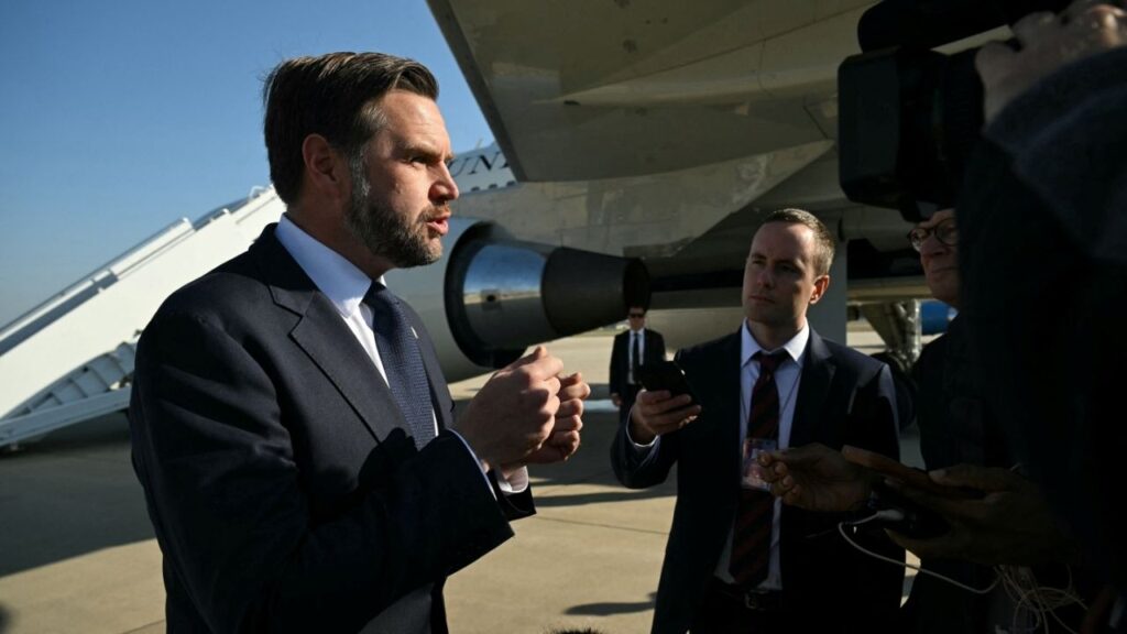 Vice President JD Vance speaks to the media at Joint Base Andrews, Maryland, October 27, 2026. Vance is travelling to Michigan to attend a rally ahead of the midterm elections. Saul Loeb/Pool via REUTERS