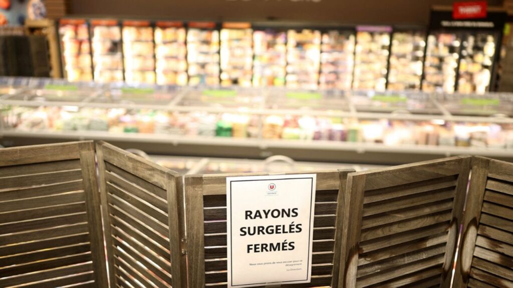 View of the closed frozen food aisle at a supermarket near Nantes after a cyberattack targeted refrigeration systems at French supermarket chains, causing food losses and fires at several stores, France, October 12, 2026. REUTERS/Stephane Mahe