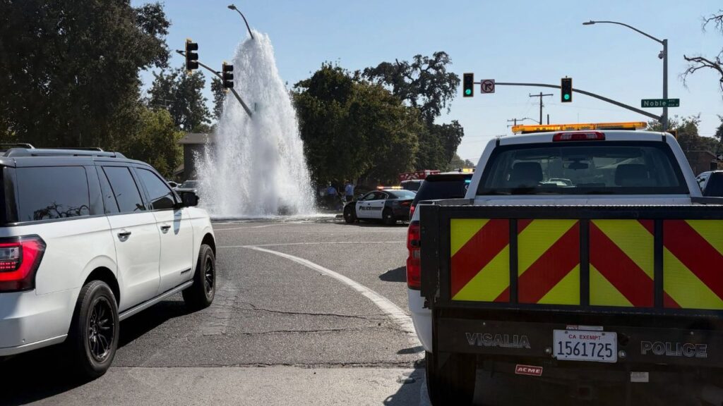 Visalia police and firefighters are responding to a vehicle collision involving a fire hydrant, prompting road closures near West Noble Avenue and Locust Street. (Visalia PD)