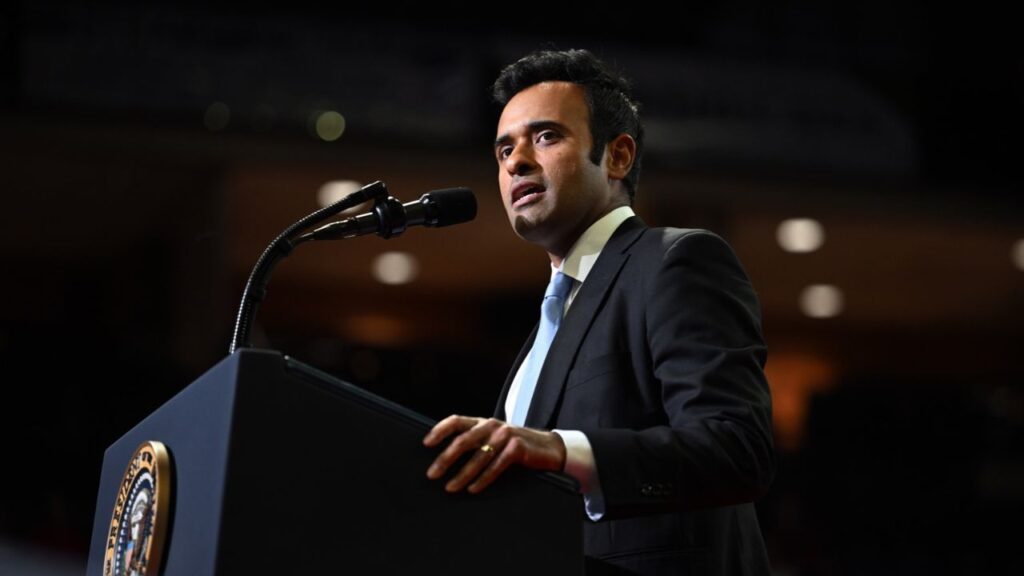 Vivek Ramaswamy, the Republican gubernatorial candidate, speaks at a campaign rally in Youngstown, Ohio, on Oct. 12, 2026. An advertisement featuring Democrat Amy Acton’s mother, estranged from Acton since her stepfather was charged with child rape, is threatening to engulf Ohio’s race for governor. (Kenny Holston/The New York Times)