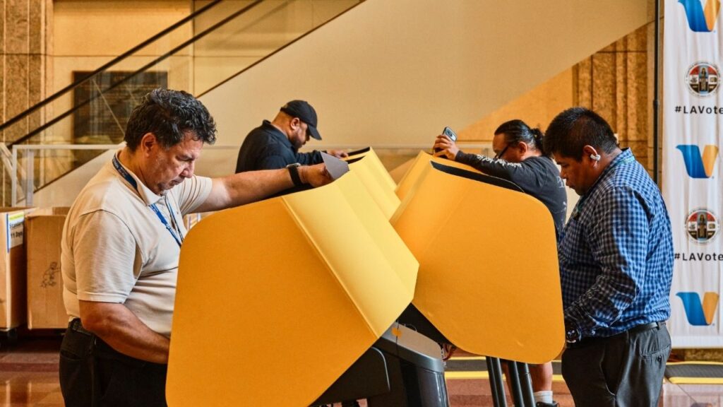 Voters at a polling place in the Los Angeles Metro Headquarters building on primary election day, June 2, 2026. The Trump administration has opened a criminal investigation in its intensifying campaign to prove thousands of noncitizens are on California’s voter rolls and issued federal grand jury subpoenas to local election officials, according to people with knowledge of the matter and copies of subpoenas obtained by The New York Times. (Philip Cheung/The New York Times)