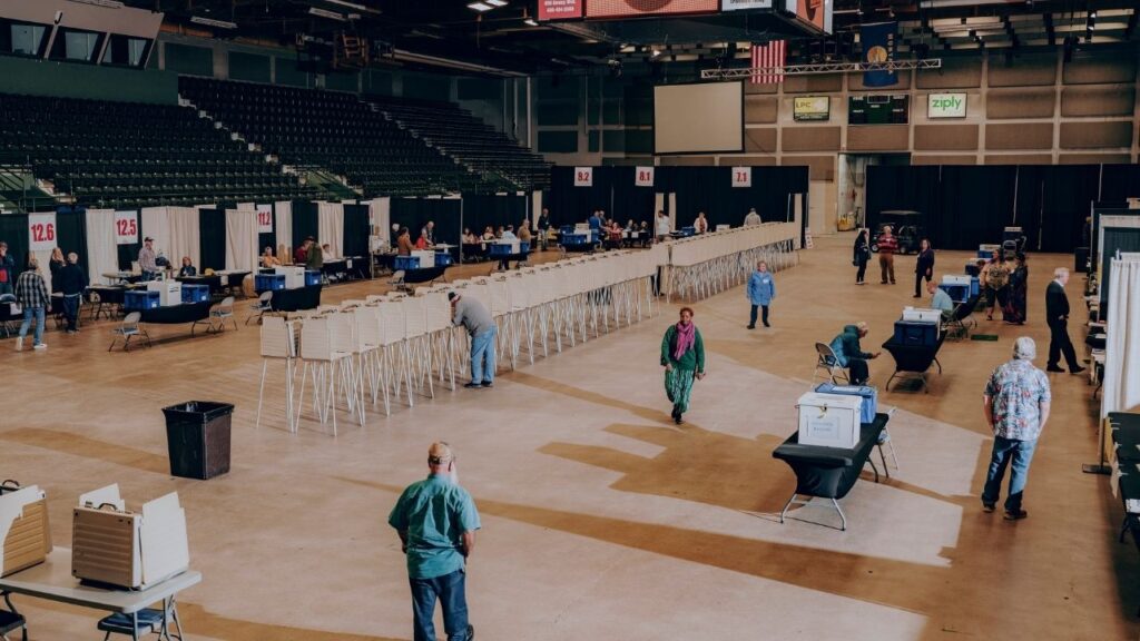 Voters fill out ballots on primary election day at the Butte Civic Center in Butte, Mt., on Tuesday, June 2, 2026. The Trump administration is investigating nonprofits that it says may be recruiting noncitizens for voter registration, documents show, even though noncitizen voting in the United States is rare. (Will Warasila/The New York Times)