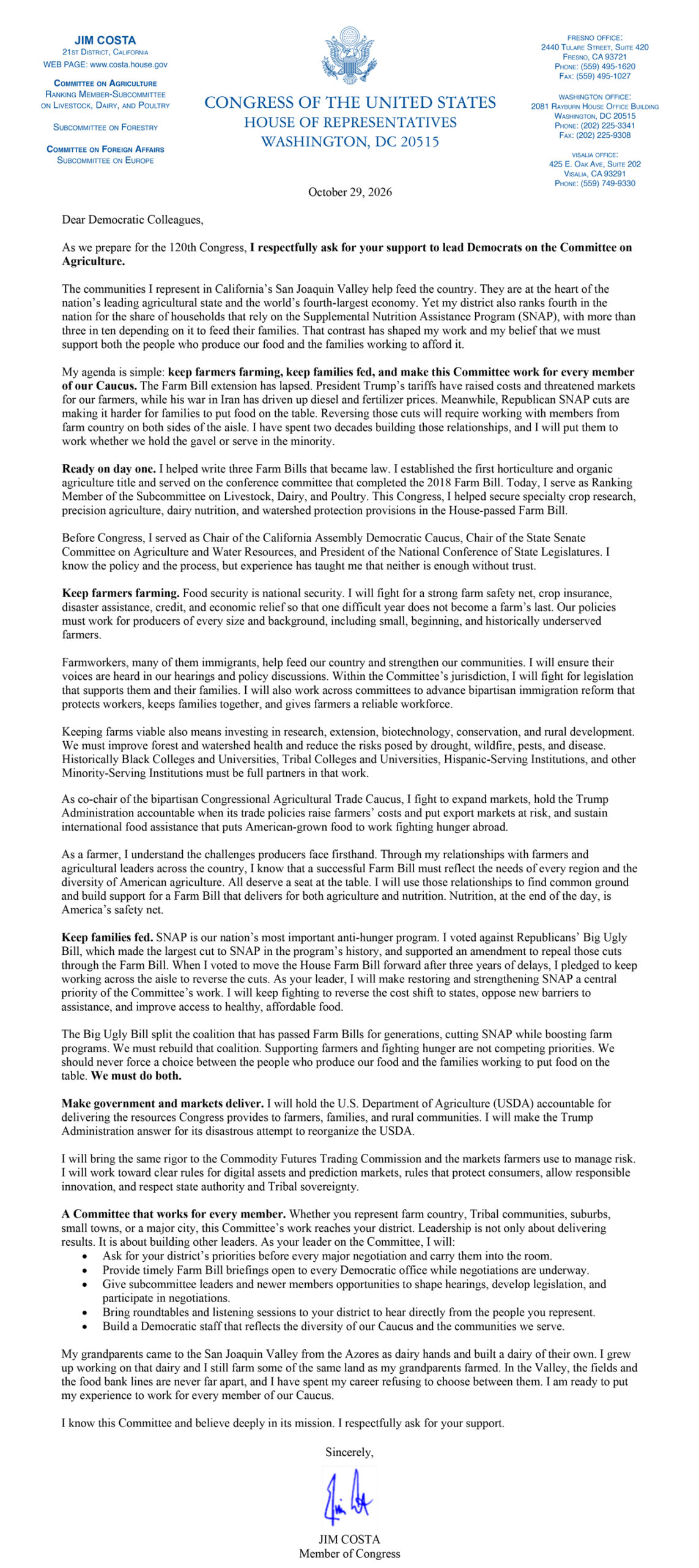 Rep. Jim Costa's letter announcing his intentions to seek the top Democratic spot on the House Ag Committee